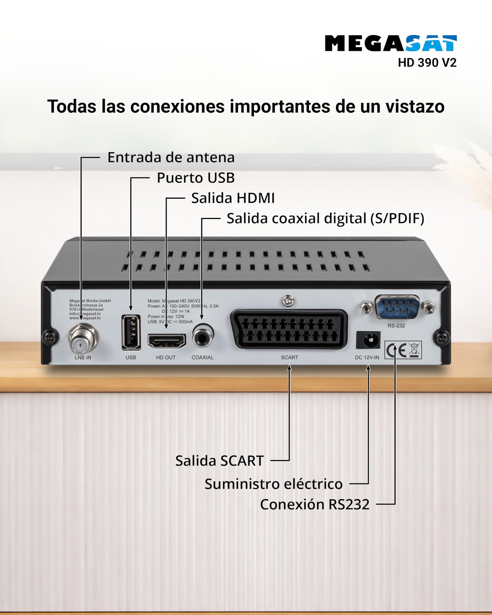 Megasat HD 390 – Receptor satélite HD HDMI & Scart – Negro | DVB-S/DVB-S2, reproductor multimedia, 2× USB, pantalla, TV gratis