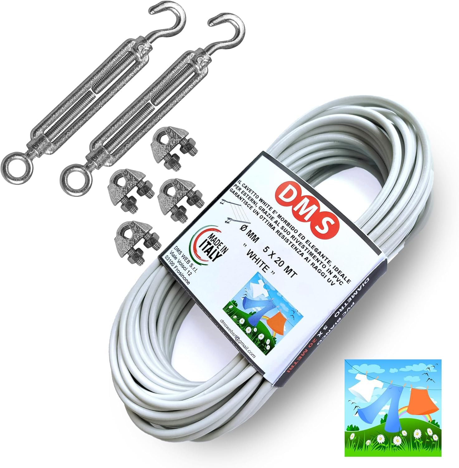 DMS Hilo para tender la ropa de exterior, 20 m x 4,5 mm de diámetro, resistente, cable de acero revestido, tendedero fabricado en Italia (20 m)