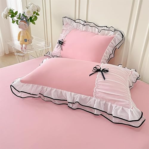 Miniatura 5 de IHOUSTRIY Juego de funda de edredón rosa tamaño matrimonial, juego de ropa de cama con volantes y corbatín, juego de funda de edredón de 3 piezas