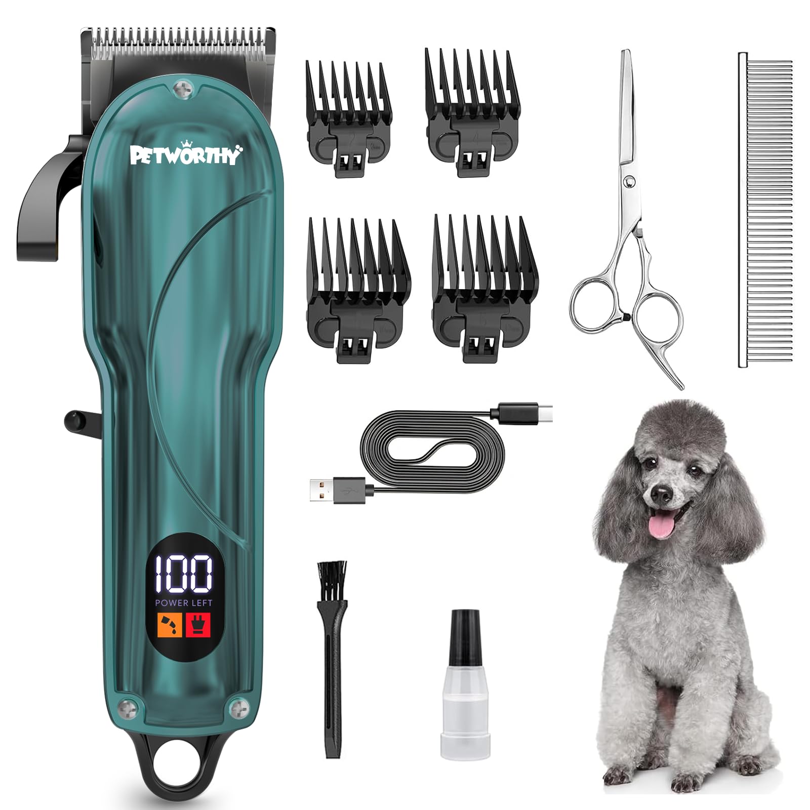 PETWORTHY Quiet Dog Grooming Kit - 2000mAh Dog Clippers for Grooming Dog Grooming Clippers for Heavy Thick Hair Coats Waterproof Rechargeable Cordless