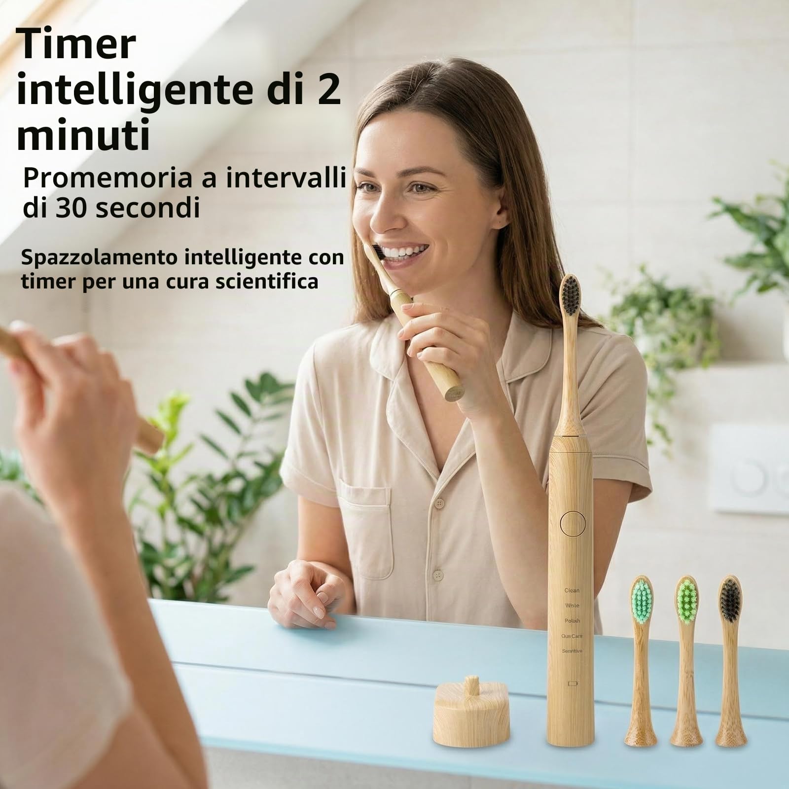 Spazzolino da denti elettrico sonico in bambù per adulti, 5 modalità, timer intelligente 2 minuti, IPX7 impermeabile, motore 40000 VPM, pulizia profonda (giallo)