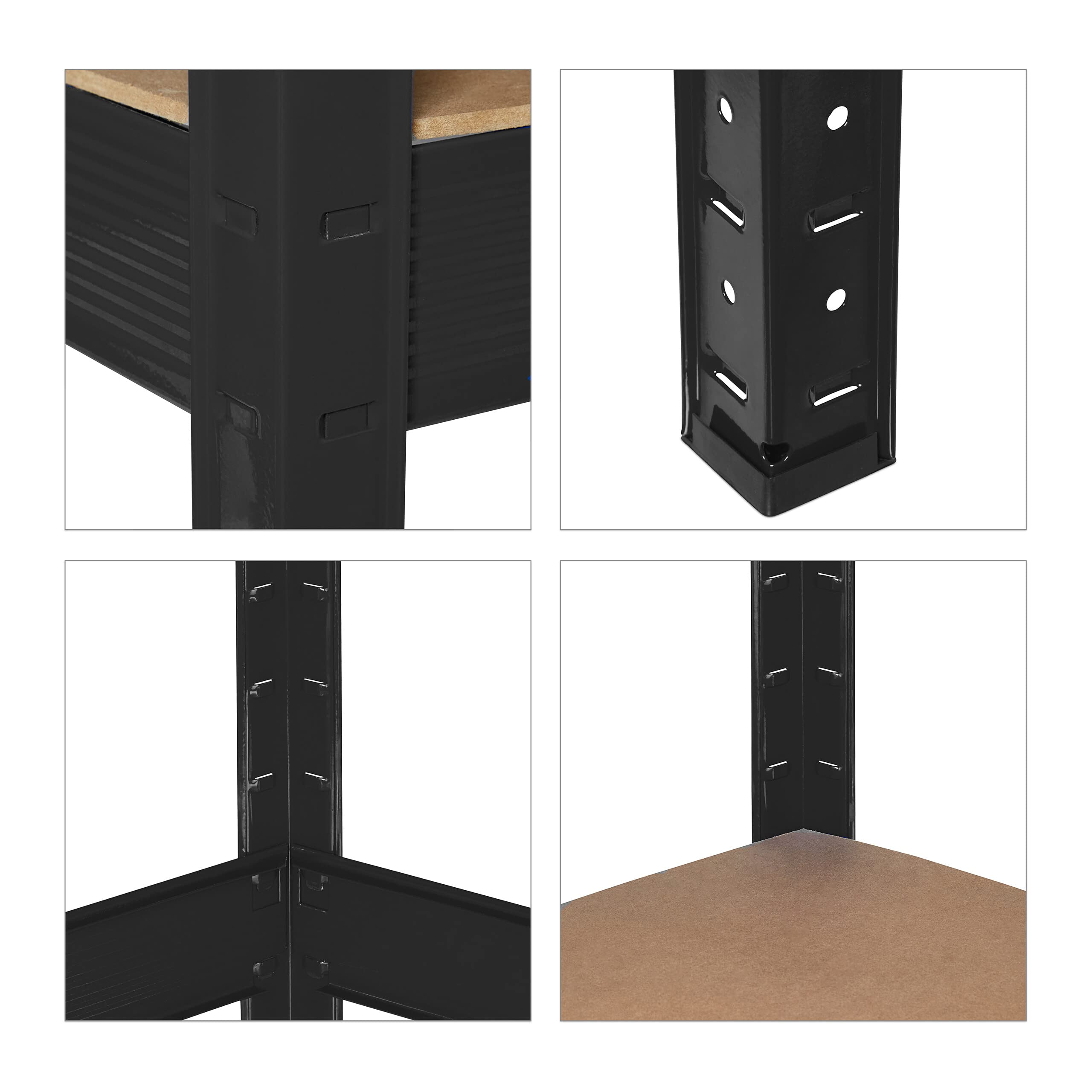 Relaxdays Banco da Lavoro Officina, Tavolo da Garage, 2 Scaffali, Altezza Regolabile, Acciaio e MDF, 91x141x61 cm, Nero