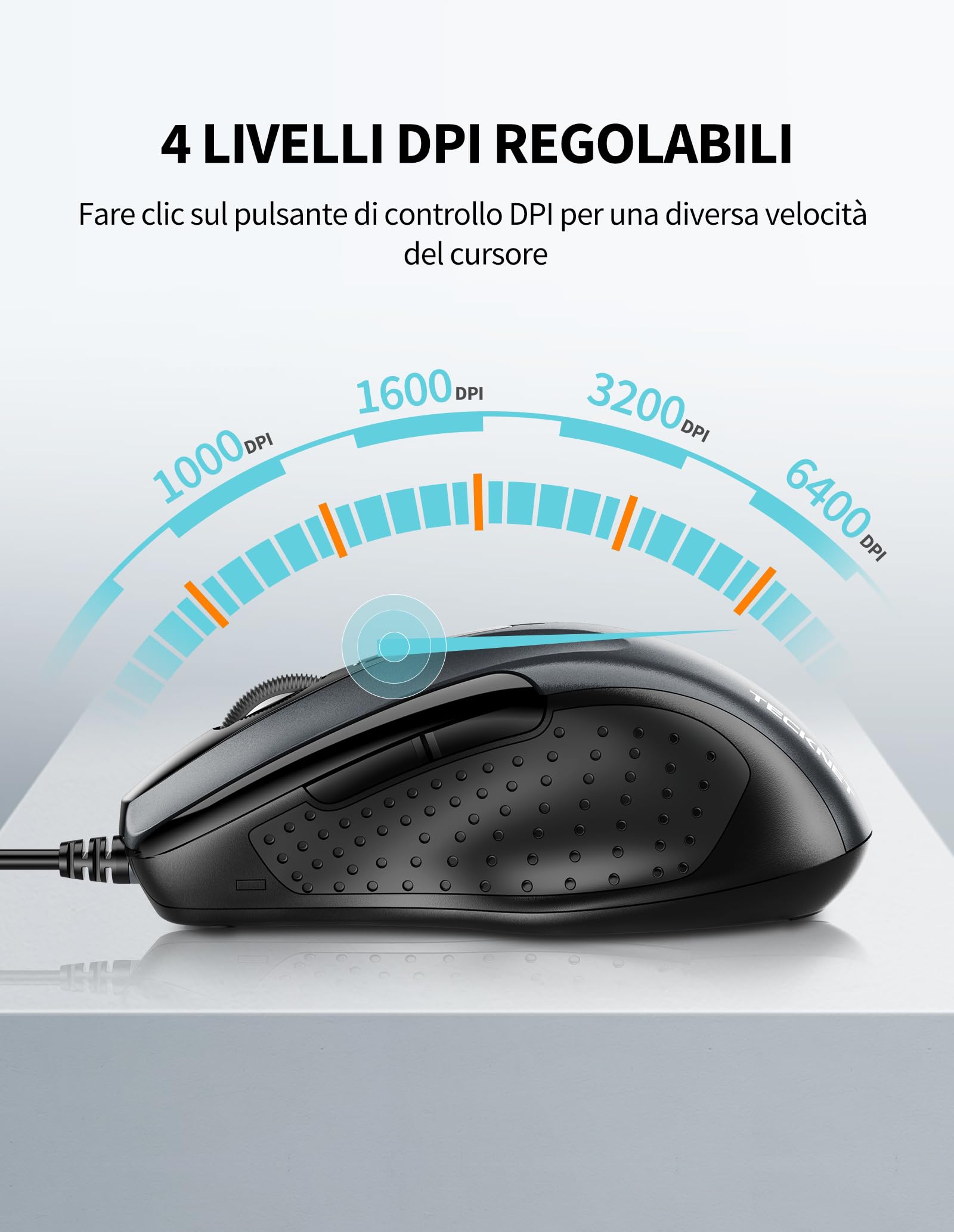 TECKNET PRO Mouse con Filo, 6400 DPI Mouse Ottico Cablato, 6 Pulsanti, Cavo USB 1.5M, Plug and Play, Mouse Ergonomico con Filo per PC, Computer, Laptop, Mac Laptop - Grigio
