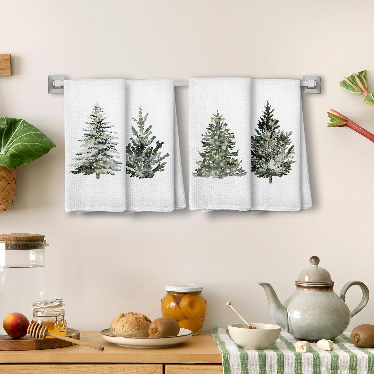 Winter Christmas Tree Kitchen Towels, Vintage Christmas Tree Decor, Farmhouse Green Xmas Tree Holiday Hand Dish Tea Towels for Bathroom Kitchen, 16x24 Inch Set of 4 - Image 5