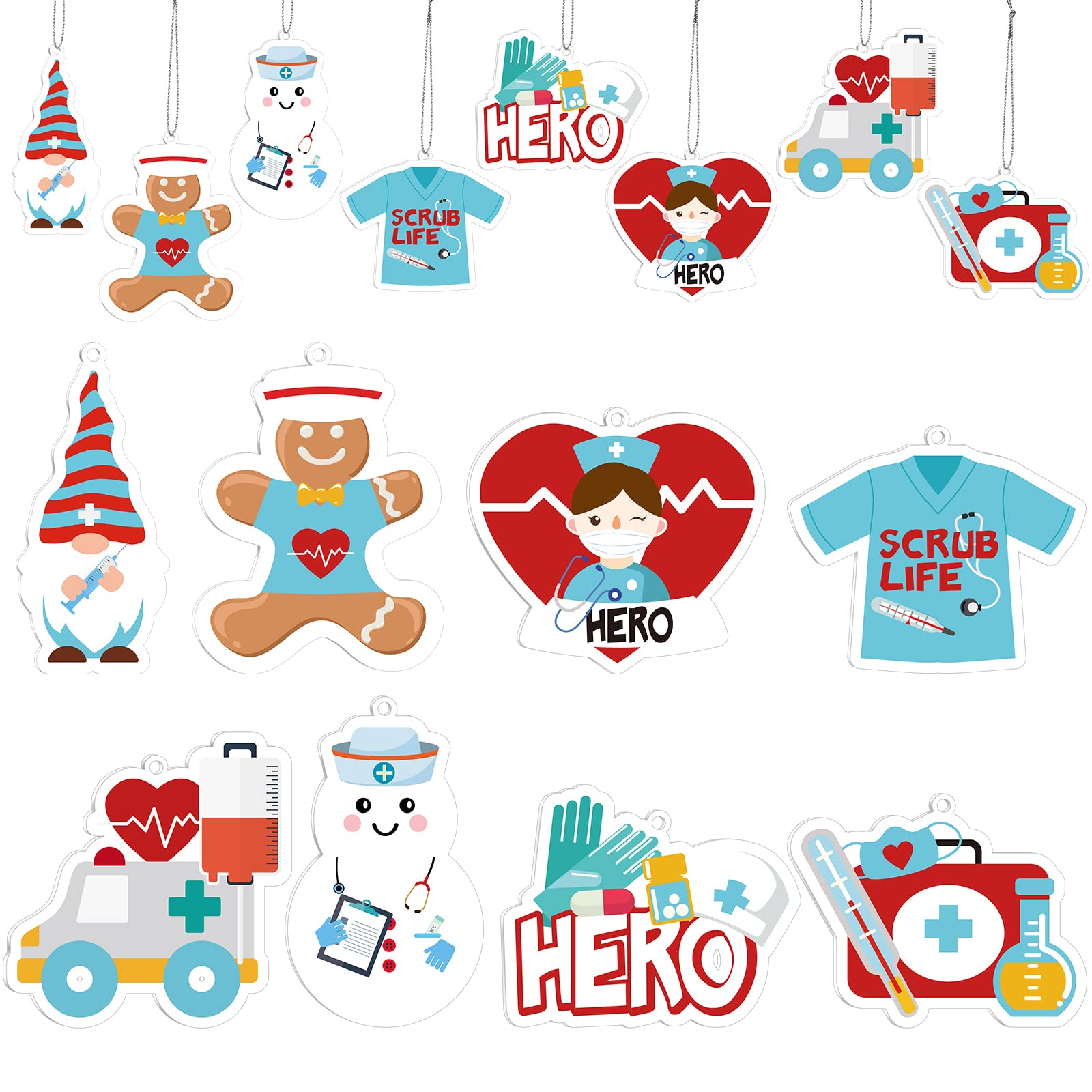 Woanger 24 Pieces Christmas Nurse Ornament Nurse's Day Ornaments Medical Ornaments 2024 Physician Assistant Gifts Doctor Ambulance Therapist Christmas Ornament Gift for Christmas Tree, 8 Styles