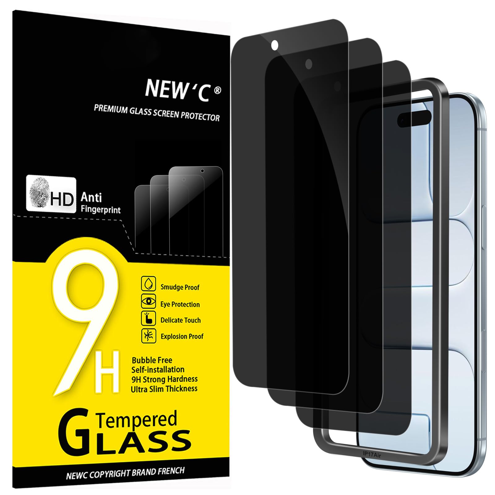 NEW'C 3 Pack Privacy for iPhone Air/iPhone 17 Air Screen Protector (6.5 inches), Anti-Spy Tempered Glass Film,Case Friendly, Balanced 28-Degree Privacy Angle-Easy Installation Tool Included