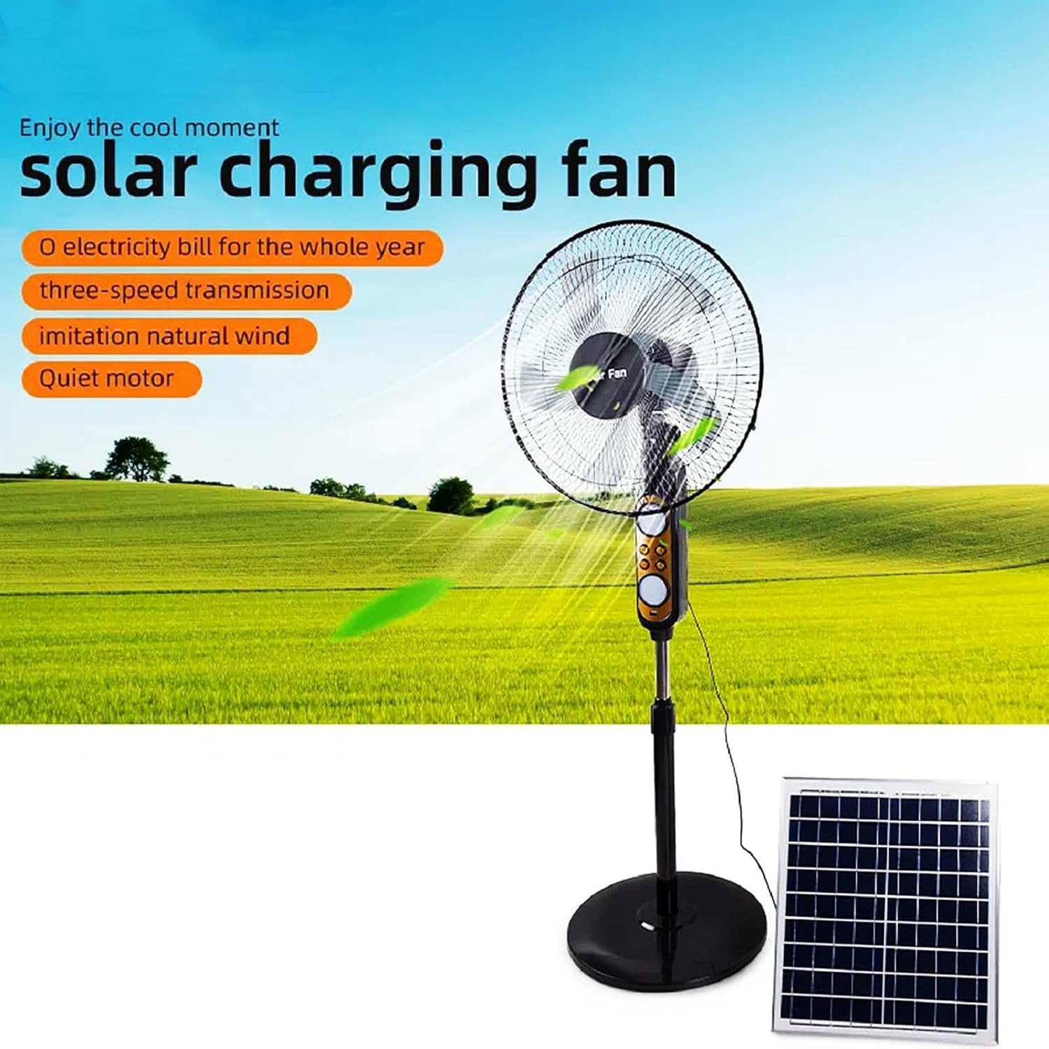 Solar Fan - Rechargeable, DC Motor Quiet, Oscillating, Solar Powered Standing Fan, High Velocity for Office, Household, Dorm, Outdoor, Camping (120 * 45 * 40cm, Black)