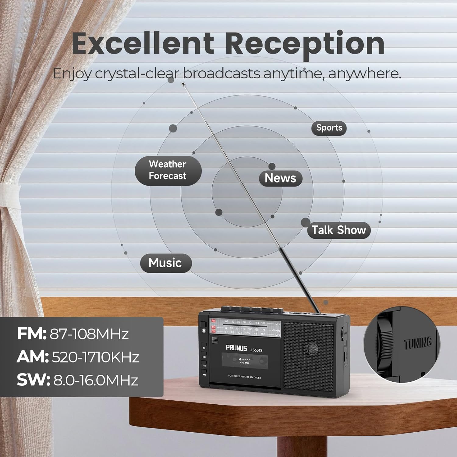 PRUNUS J-360TS radio with extended antenna and frequency ranges for FM, AM, SW
