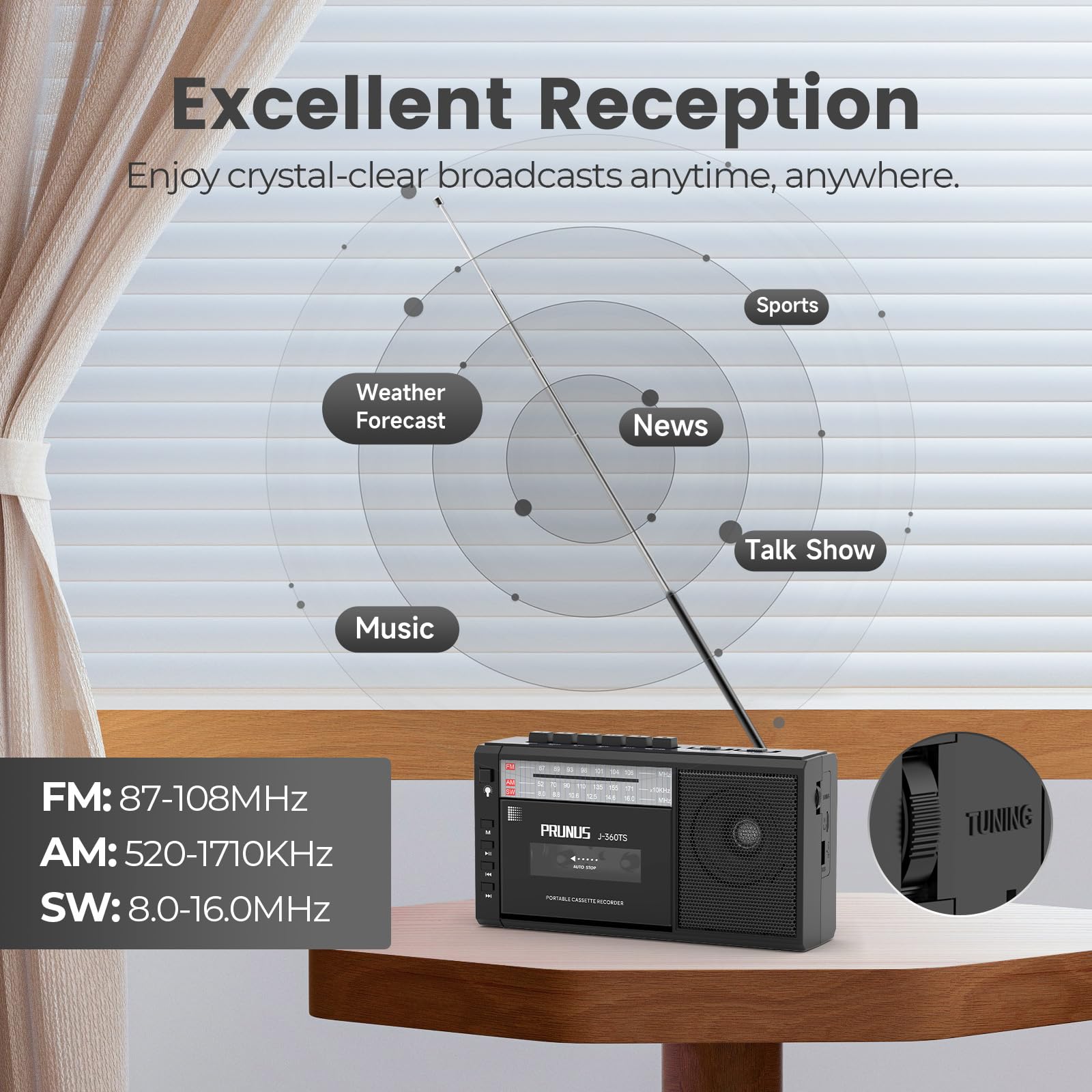 Magnétophone Portable, PRUNUS J-360 AM/SW/FM Radio Cassette Player avec Panneau Solaire Rechargeable, Lecteur Cassette avec Bluetooth, Support de Lampe LED/Carte TF