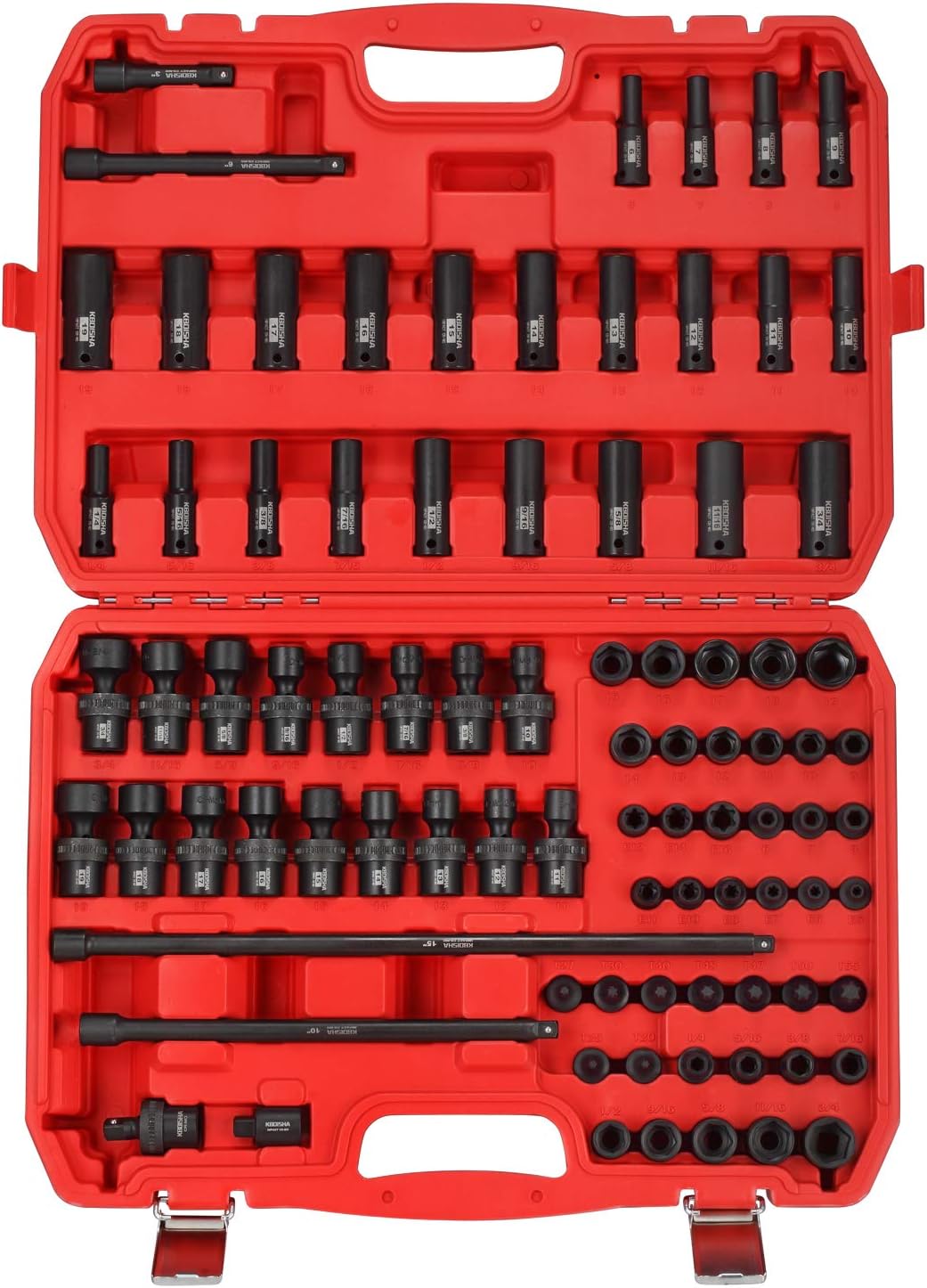 KBOISHA 3/8" Drive Master Impact Socket Set, 87-Piece SAE and Metric 1/4 Inch - 3/4 Inch, 6mm - 19mm Socket Set Standard/Deep/Universal Cr-MO Steel Sockets with Star and Inverted Star Socket