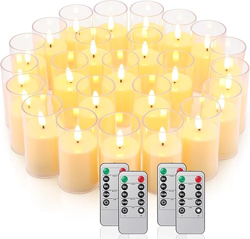 24 velas de plástico transparente sin llama, a granel, parpadeantes, funciona con pilas con control remoto de 10 teclas y temporizador, velas de