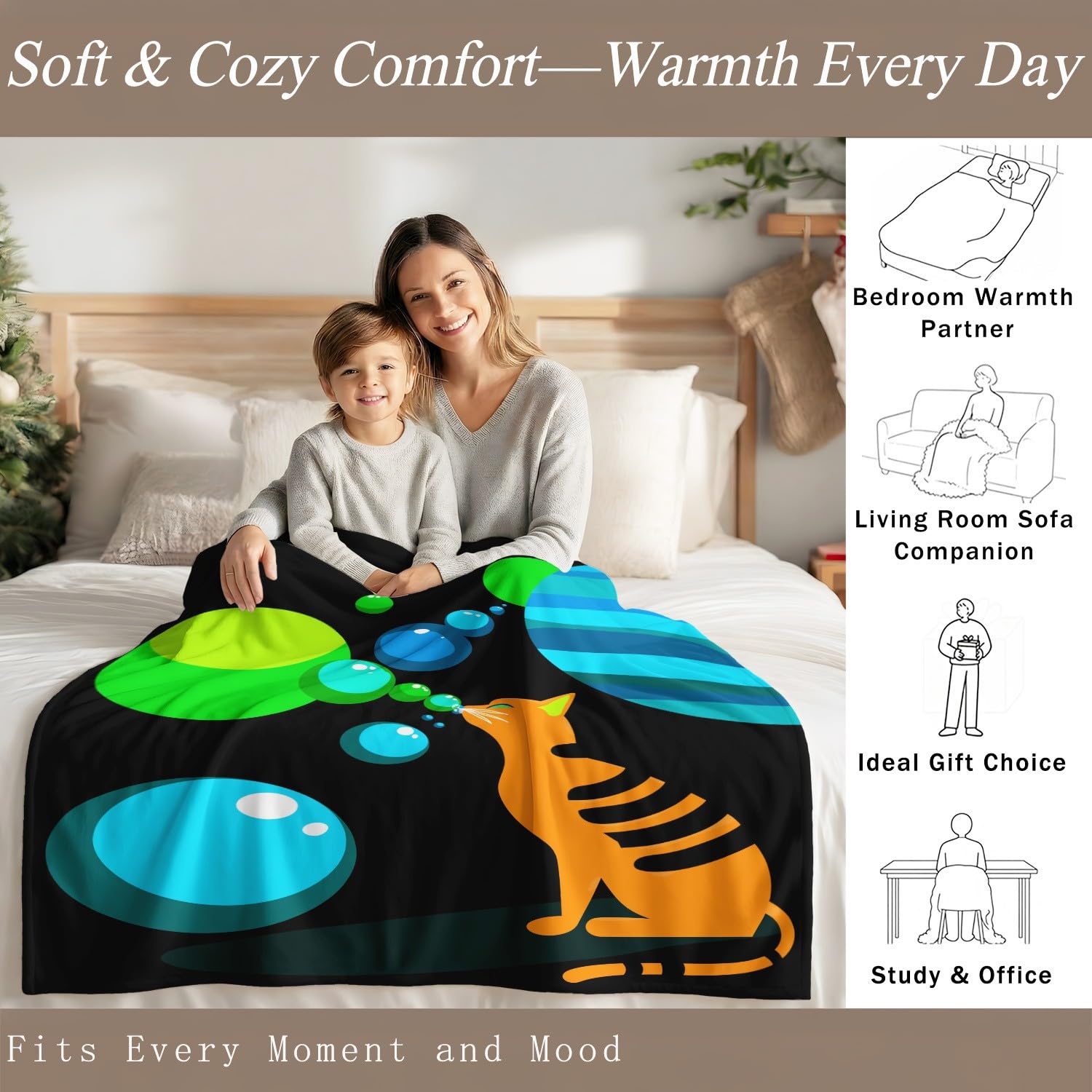Coperta di cartone animato fantascienza gatto pianeti universo bolle al neon surrealistiche per donna uomo, coperta in peluche super morbida in flanella, decorazione per la cameretta dei bambini, 180
