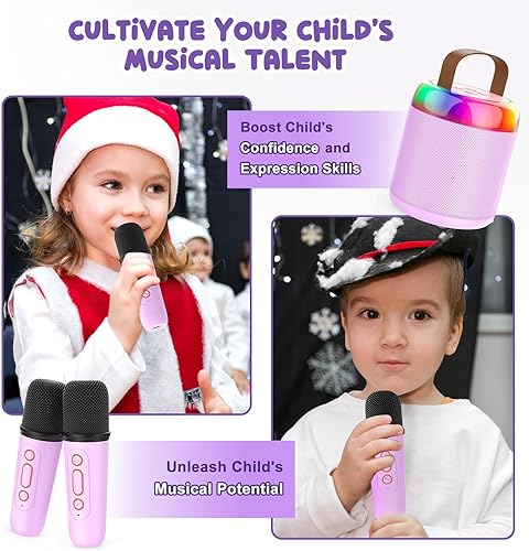 Miniatura 9 de Mini máquina de karaoke para niños, portátil Bluetooth 5.3, luces LED con 2 micrófonos inalámbricos, regalos de karaoke para niñas, niños,