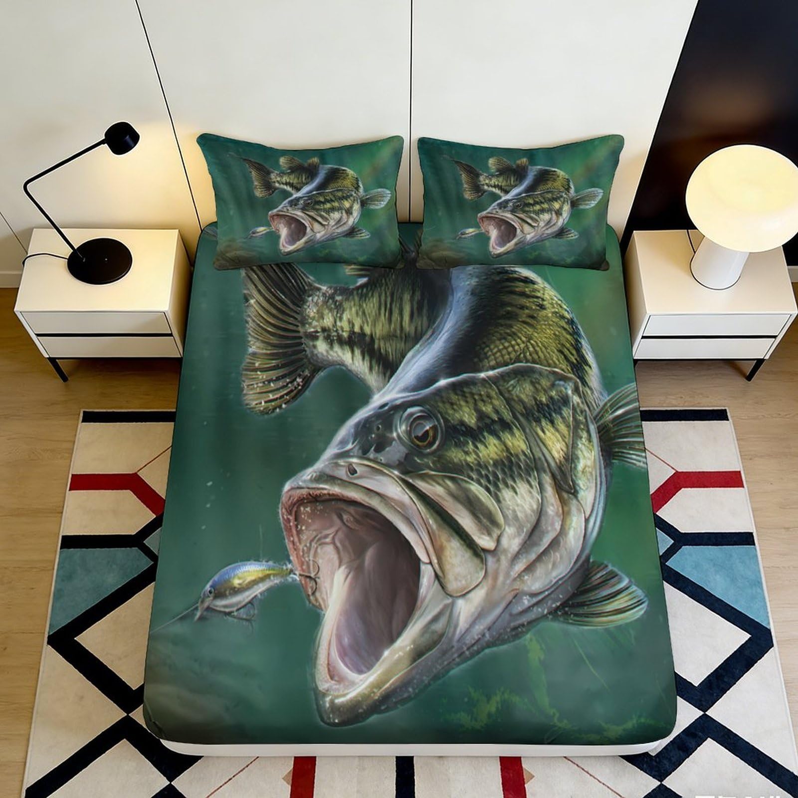3D Printed Largemouth Bass Fitted Sheet Microfiber Breathable Fish Pattern Mattress Cover for Bedroom Dorm Decor 90x200x25cm