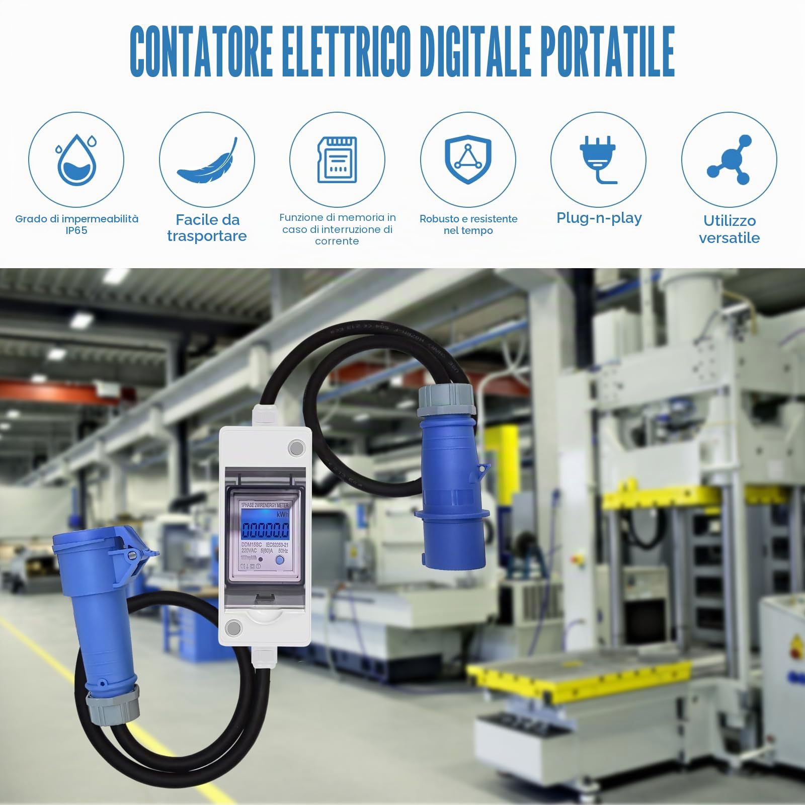 Contatore Elettrico Digitale Mobile, Contatore di Consumo Energetico 230V | con LED/Reset, Contatore Elettrico Portatile Mobile con Spina Industriale/Cavo in Gomma, Impermeabile per Camper