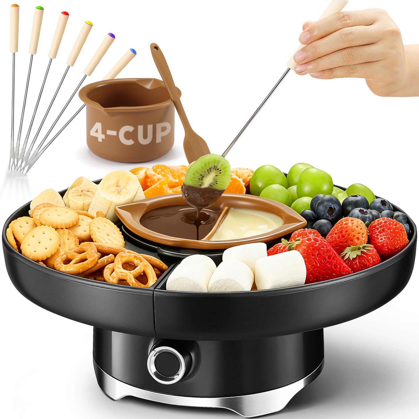 LUSHYUM Electric Chocolate Fondue Pot Set, 4-Cup Chocolate, Rotating Tray