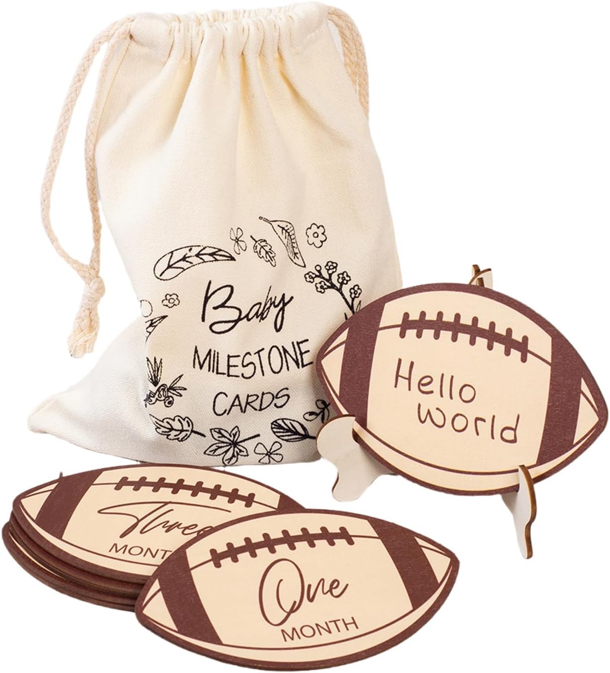 Wood Football Theme Baby Milestones Markers Discs with Stand and Bag Set for New Parent to Celebrate Every Growth Moment