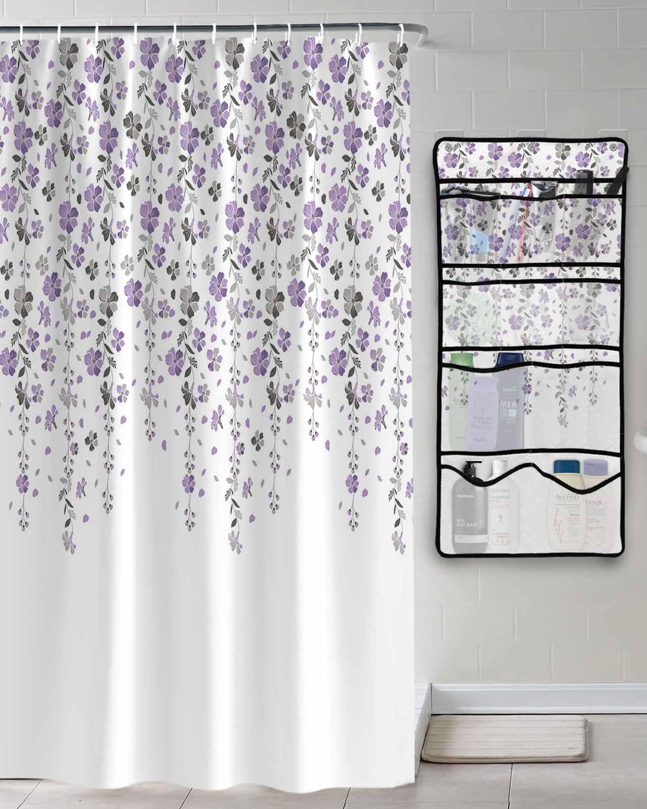 Shower Curtain Mesh Shower Organizer Hanging Set Flower Purple Grey Cherry Blossoms White Background Waterproof Shower Curtains with