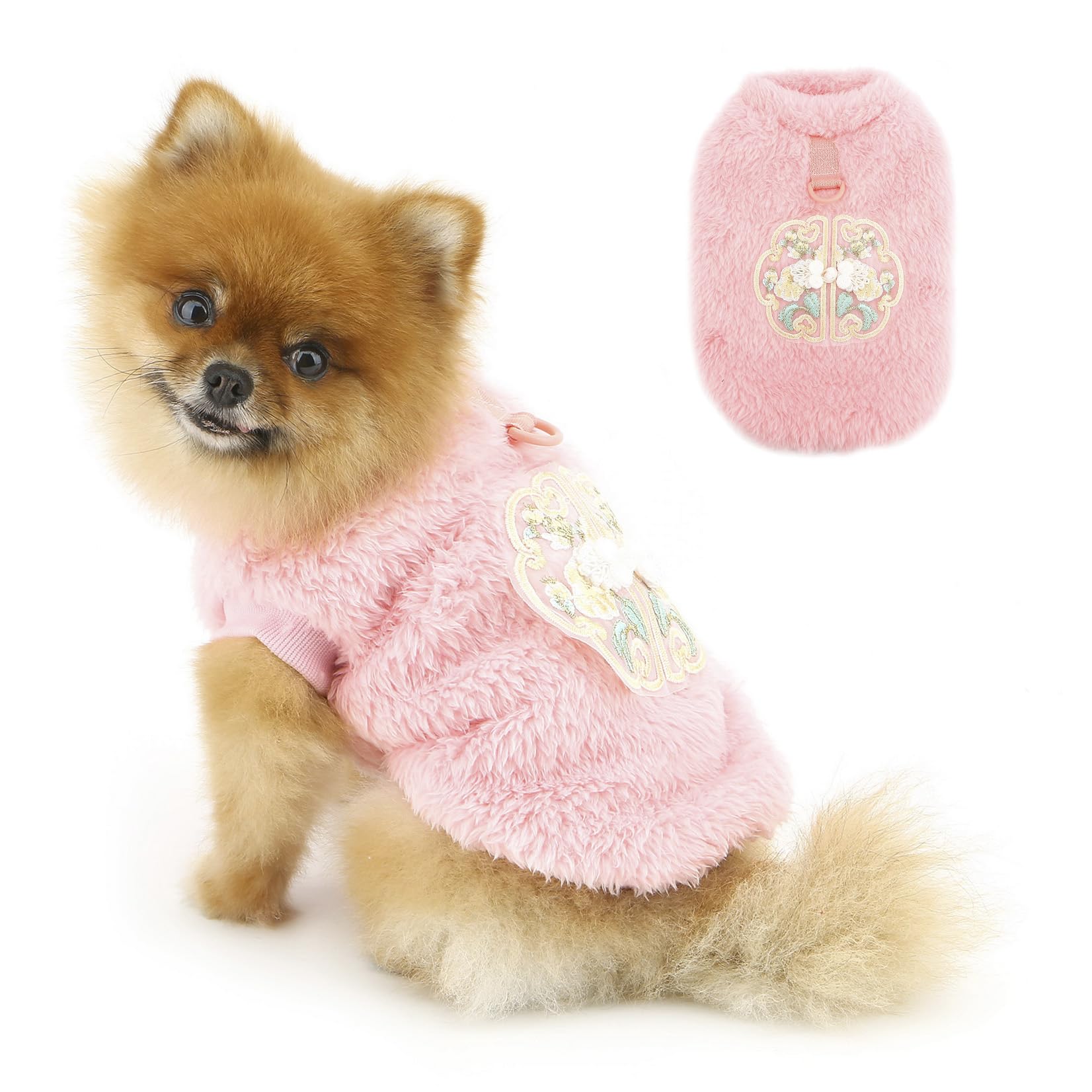PAIDEFUL Fleece Small Dog Coat with Lead Ring, Soft Thermal Puppy Jumper with Embroidered Pattern, Chinese New Year Warm Pullover for Winter, Pet Clothing for Chihuahua Cat,Pink,M