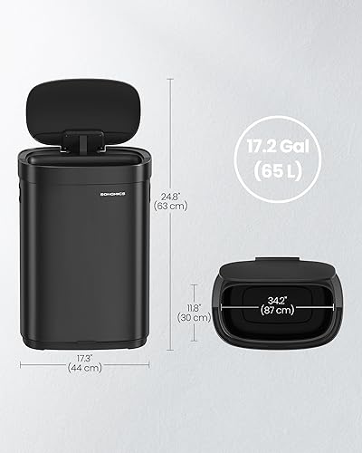 Miniatura 6 de SONGMICS Bote de basura para cocina, 17.2 galones (65 L) con sensor de movimiento, cubo de basura de acero inoxidable, control de olores a ozono,