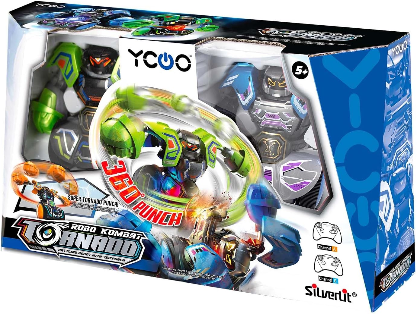 The retail packaging for the Silverlit YCOO Robo Kombat Tornado, showing both robots and controllers.