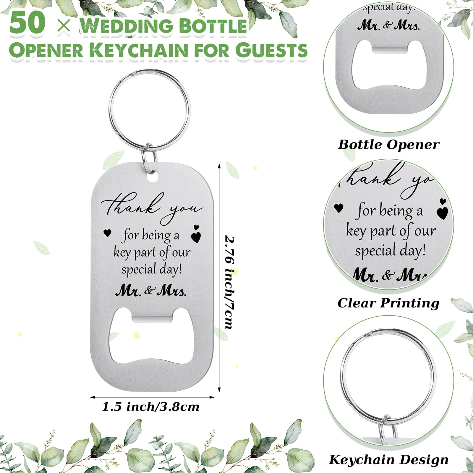 FoldTier 50 Sets Hochzeitsgeschenke für Gäste, inklusive Schlüssel-Flaschenöffner, Bierflaschenöffner, Schlüsselanhänger, Dankeskarten und Organza-Beutel, Brautparty, Hochzeit, Party