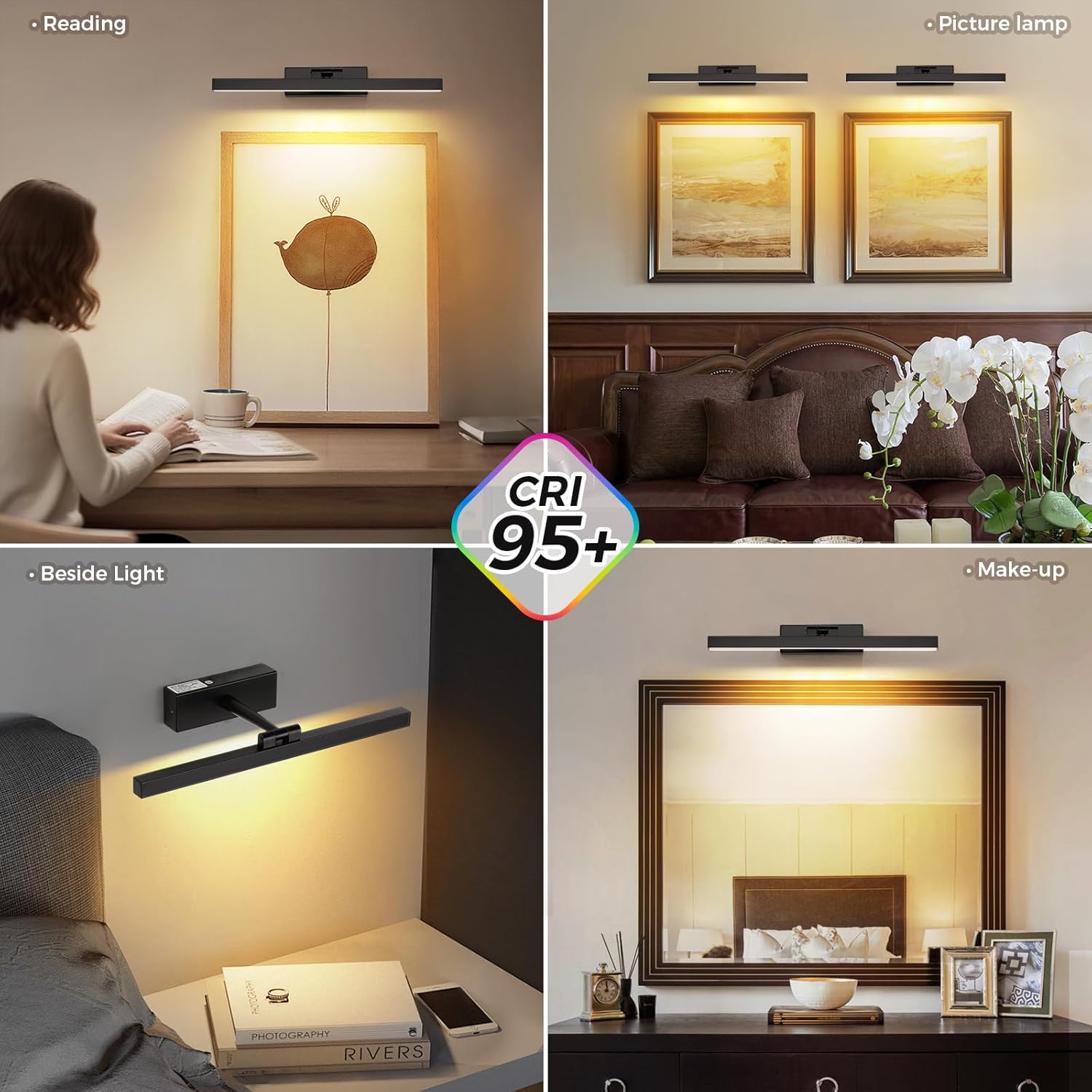 Joosenhouse Battery Operated Picture Light, Rechargeable Wireless Gallery Light with Remote Control, Dimmable & Timer Function, 15.35" Black Wall Lights for Artwork