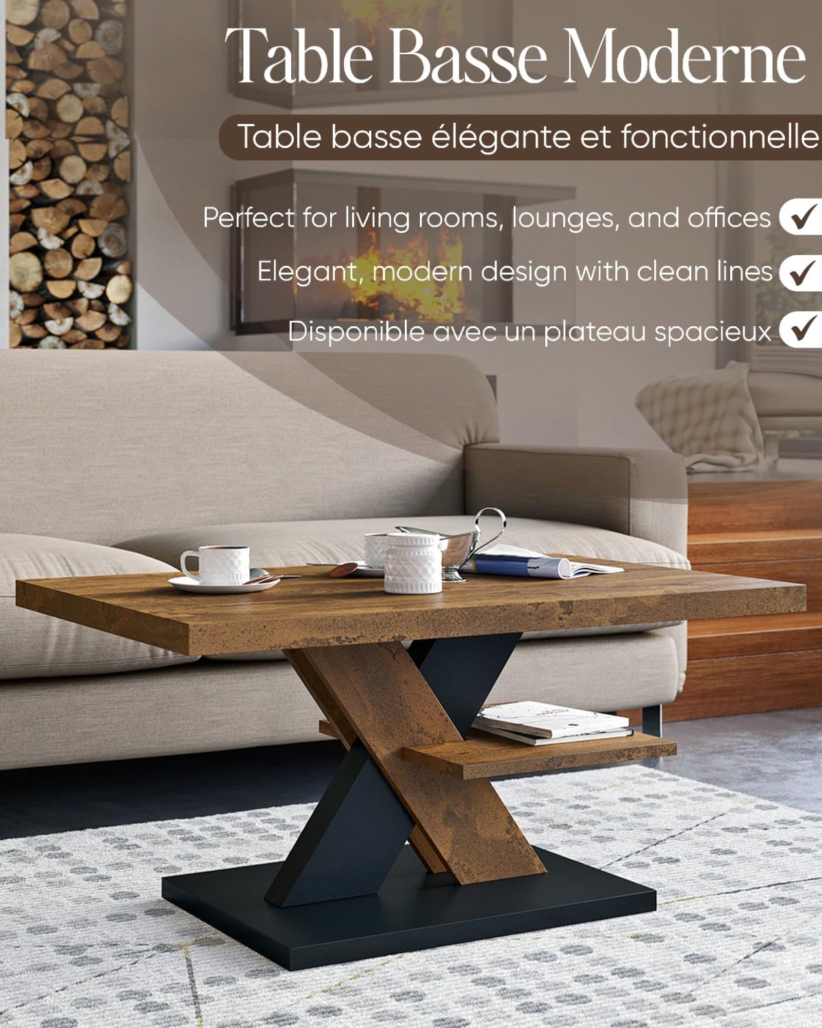 Viosimc Table Basse de Salon Rouille et Noir avec Étagère – Table Centrale Moderne et Élégante pour Le Thé ou Le Café, Design Épuré – Un Choix Parfait pour Votre Salon | Coffee Table for Living Room