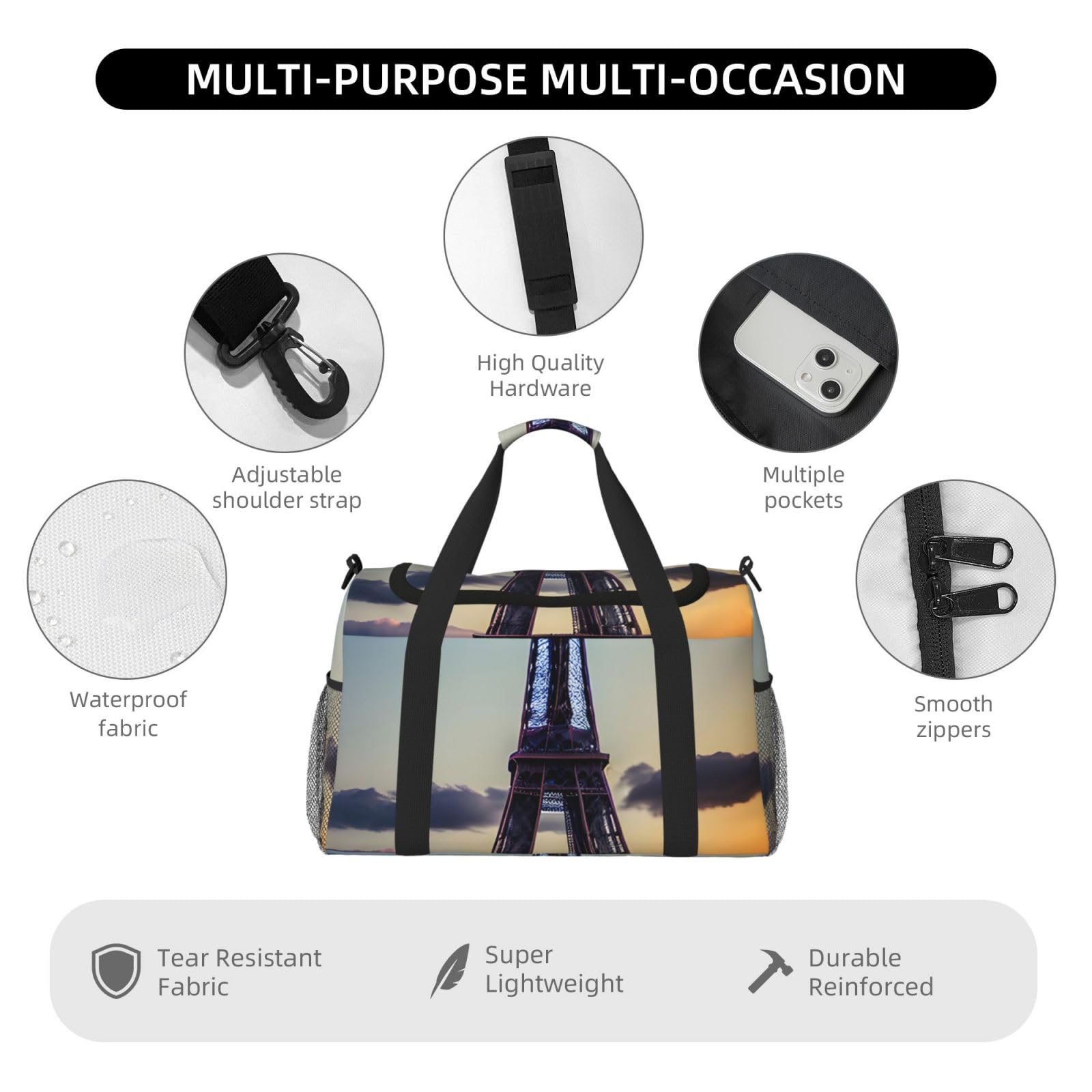 Sac de voyage léger et portable avec imprimé Tour Eiffel
