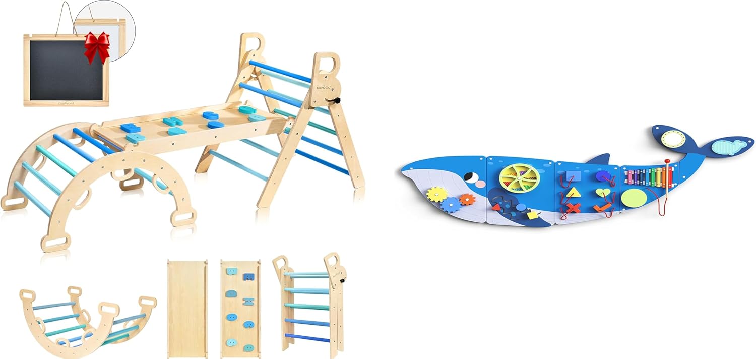 BlueWood Pikler Triangle Set, Whale Wall Busy Board Panels