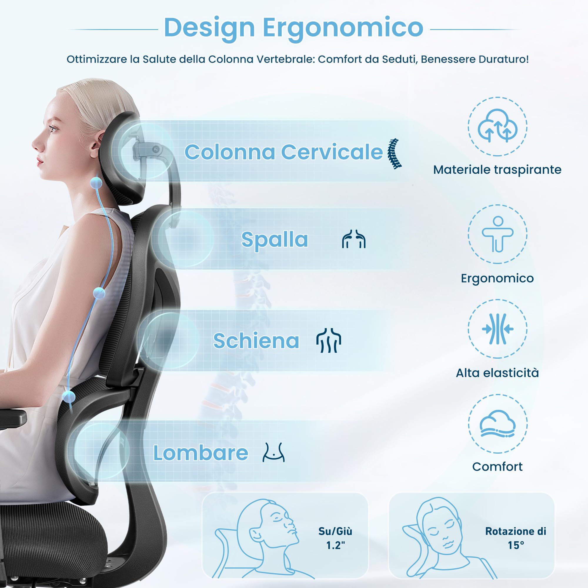 KERDOM Sedia da Ufficio, Sedia Scrivania Ergonomica,con Poggiatesta Regolabile, Braccioli, Supporto Lombare, Sedia Ergonomica contro il Dolore alla Schiena, 150kg/330lbs, 9070F Nero
