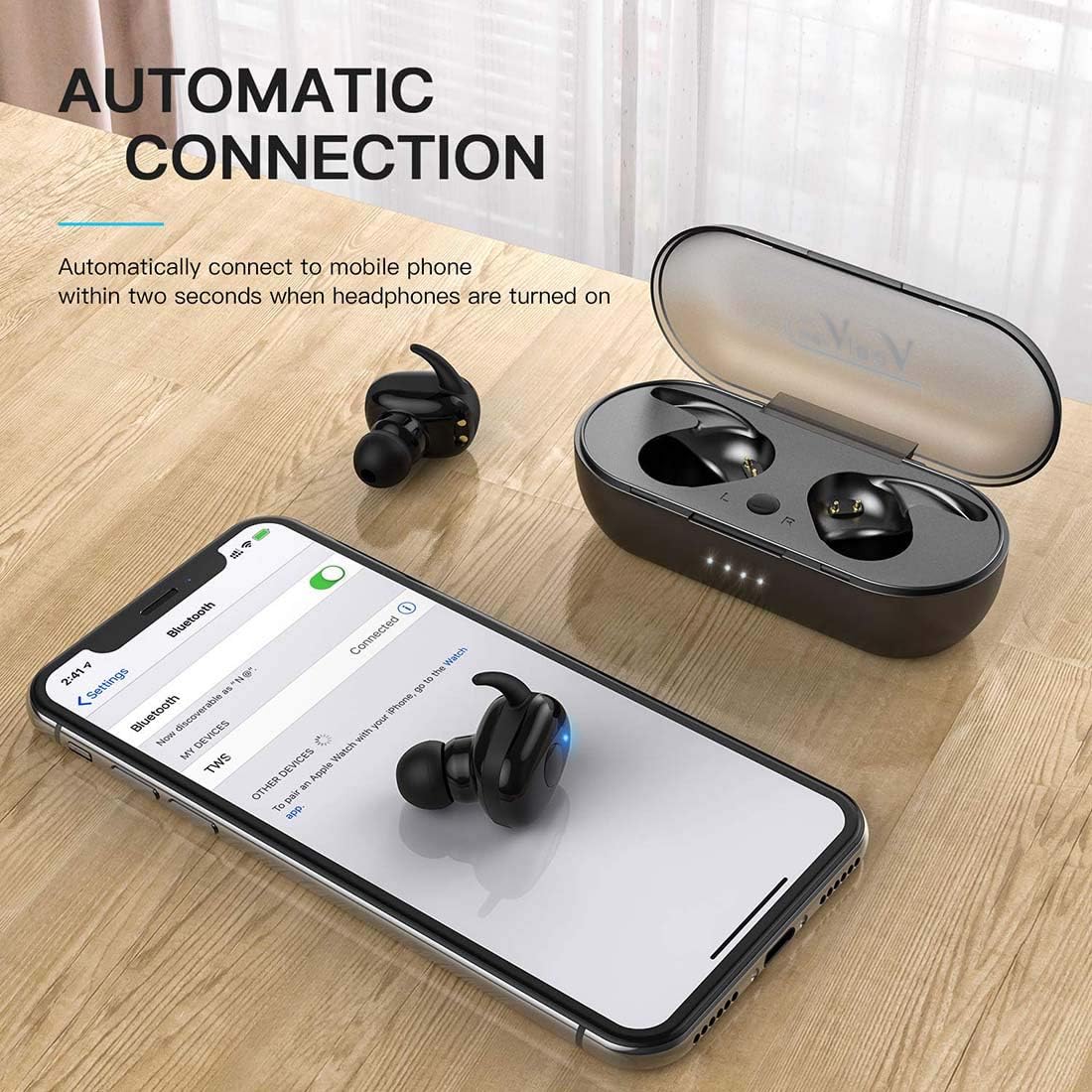 Vealvion TWS Wireless Earbuds automatically connecting to a smartphone