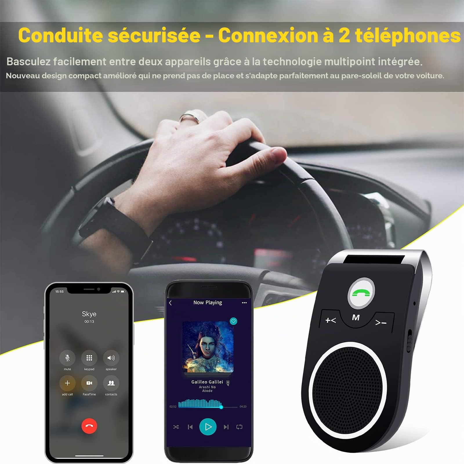 Kit Mains Libres pour Voiture Bluetooth 5.0, Haut-Parleur sans Fil Micro Intégré, Enceinte sans Fil avec Réduction de Bruit,Supporte Siri et Google Assistant pour Téléphone 20Hrs de Conversation