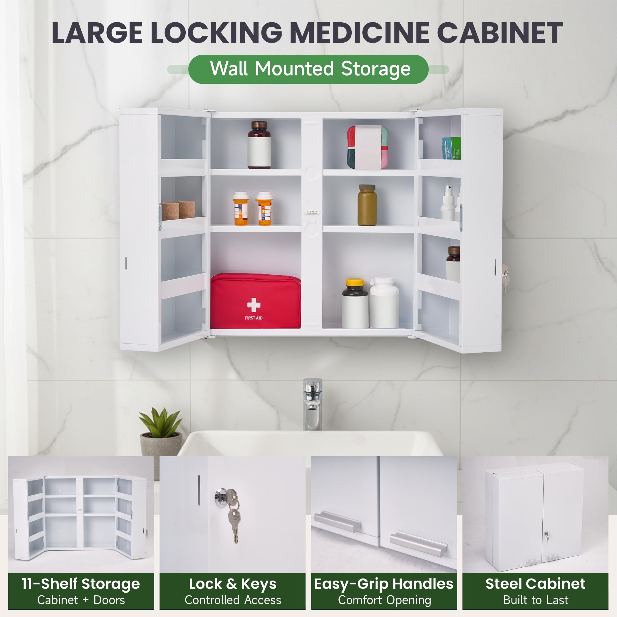Gabinetes de almacenamiento de metal con cerradura, armario de pared de baño de gran capacidad con 11 estantes, botiquín con cerradura para almacenar medicamentos y suministros médicos