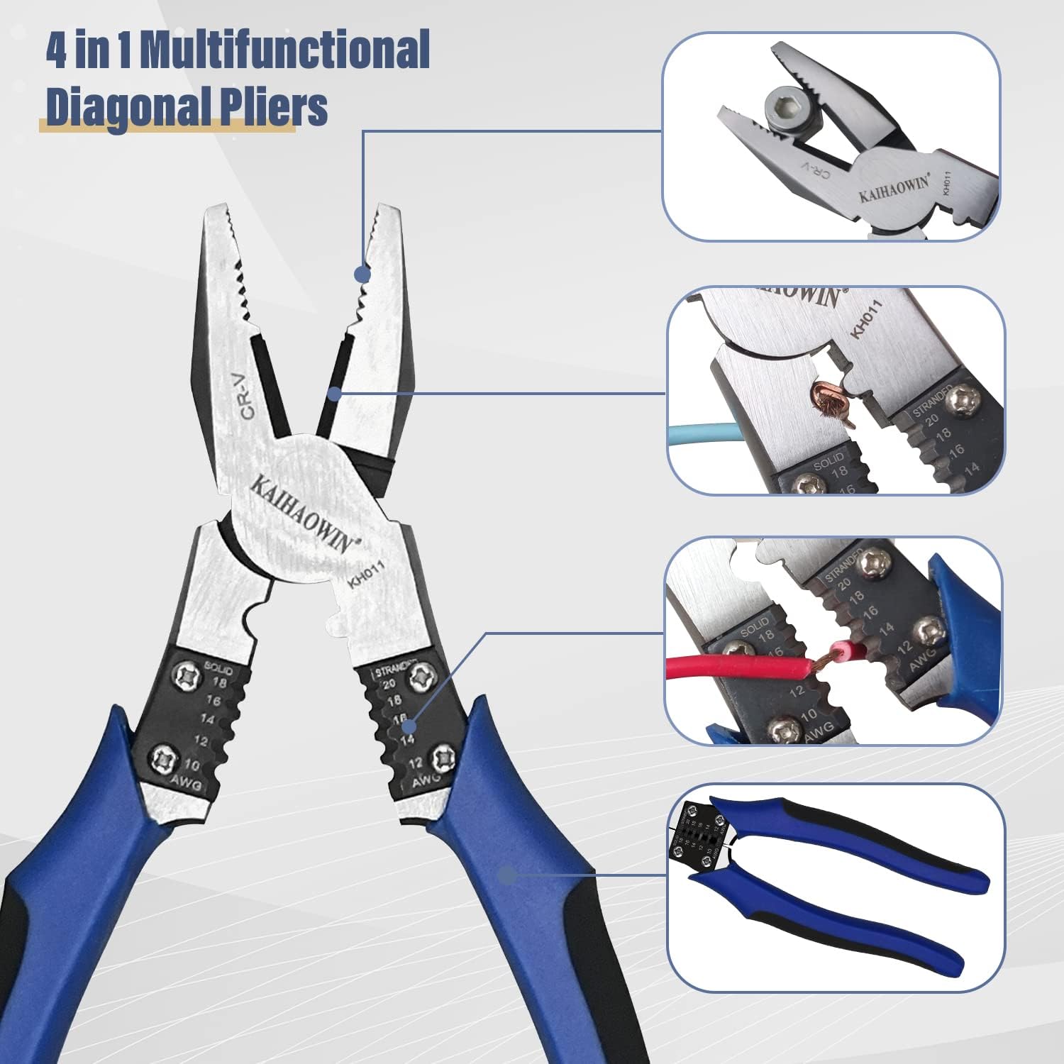 Linesman Pliers-KAIHAOWIN 8" High Leverage Side Cutters-Heavy Duty chromium vanadium steel Combination Pliers-Cut ACSR/Nails/Screws-Multitools for Hard Wire Cutter Stripper Crimper Professional Pliers - - 