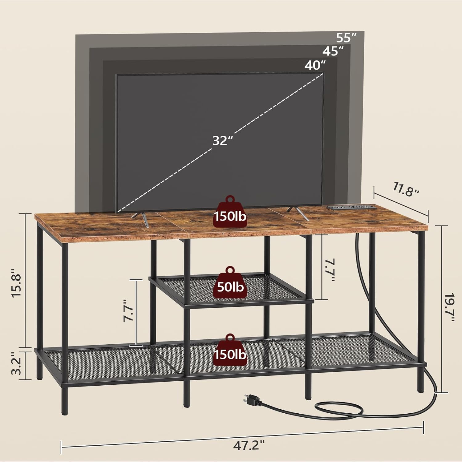 Diagram showing the dimensions and weight capacities of the MAHANCRIS TV Stand.