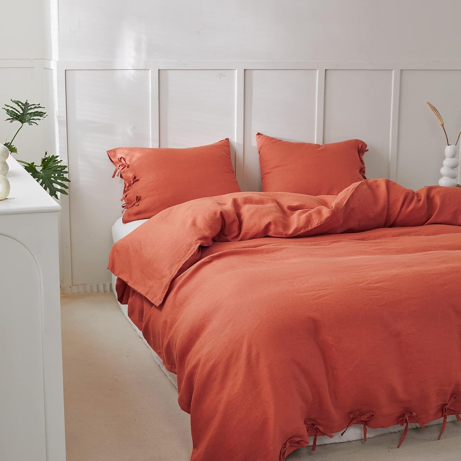Simple&Opulence 100% Linen Duvet Cover Set 3pcs with Bowknot Ties Closure Natural French Washed Flax Solid Color Soft Breathable Farmhouse Bedding - Brick Red, King Size