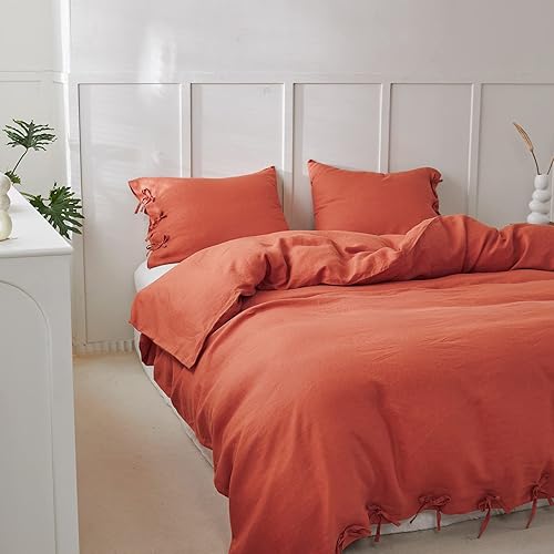 Miniatura 7 de Simple&Opulence Juego de funda de edredón 100% lino, 3 piezas con cierre de lazos, lino francés lavado, color liso, suave, transpirable, ropa de