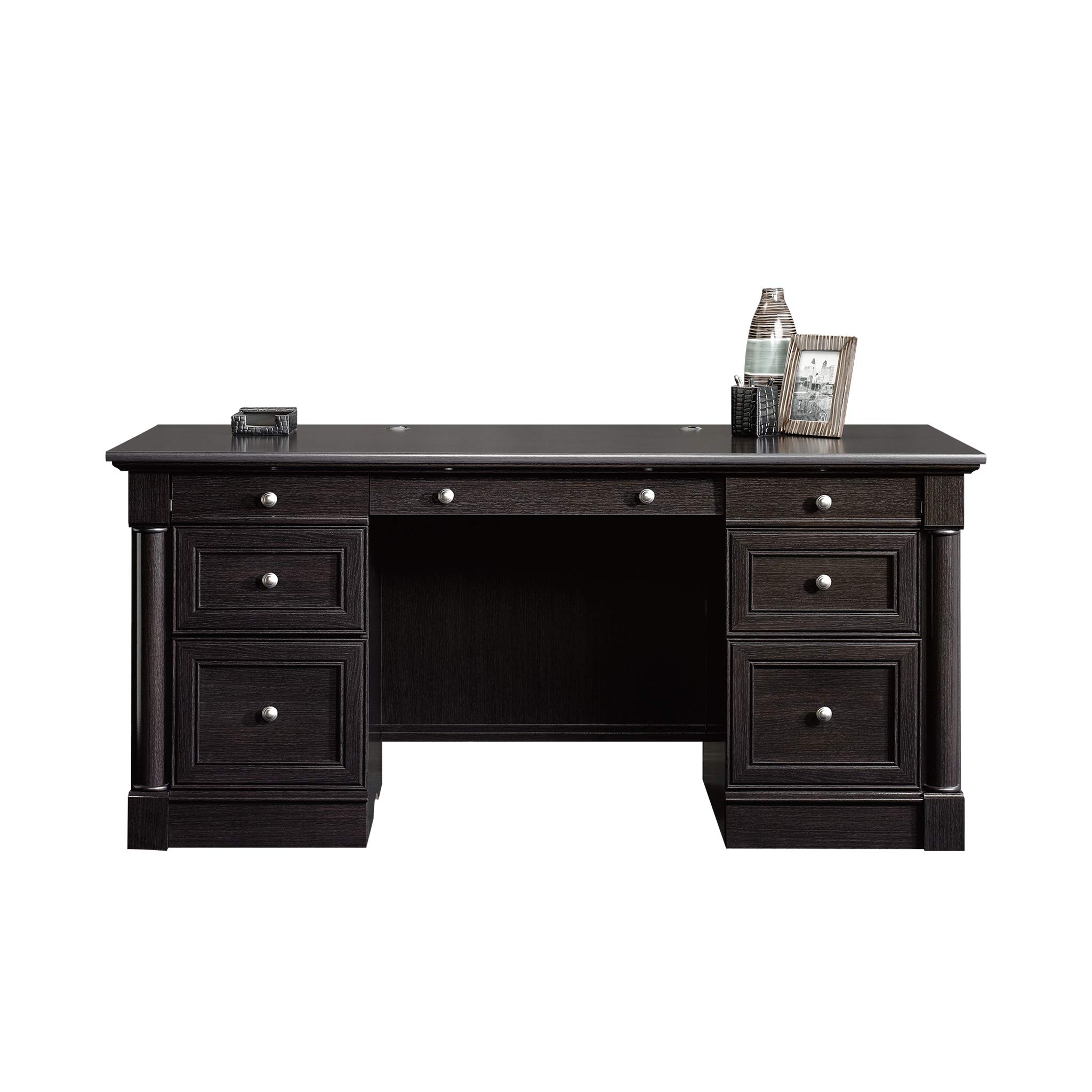 sauder palladia office desk with drawers, executive desk with file cabinet storage, cable management, keyboard tray, in wind oak finish