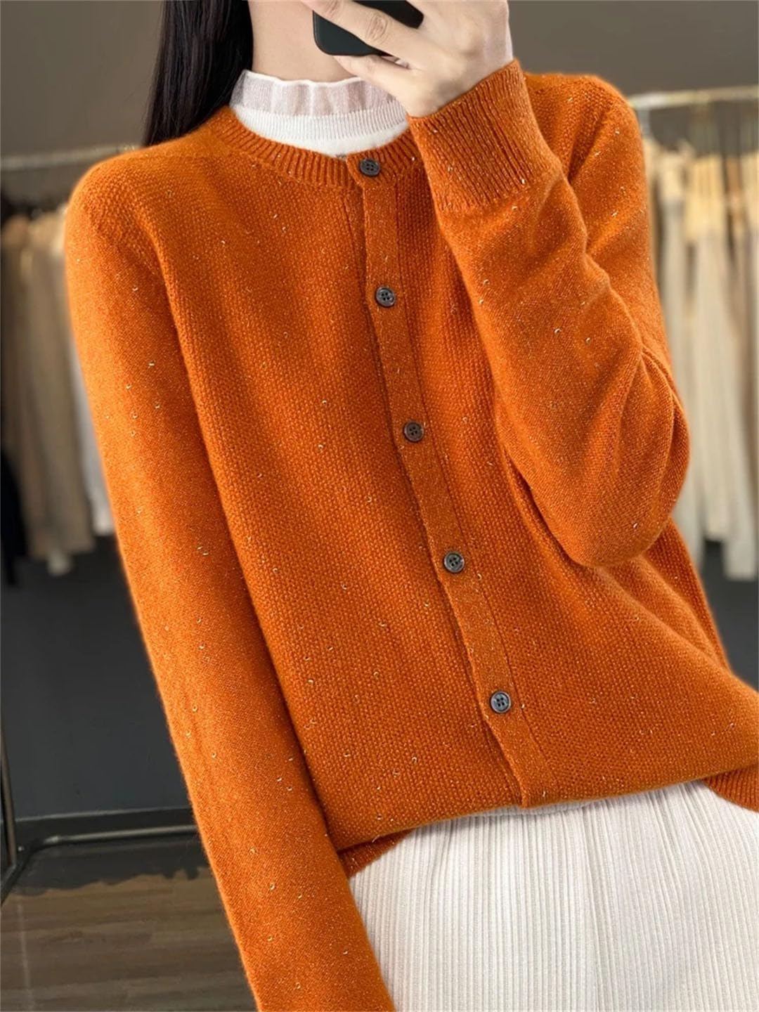 Cardigan da donna con scollo rotondo, a maniche lunghe, in lana e cashmere