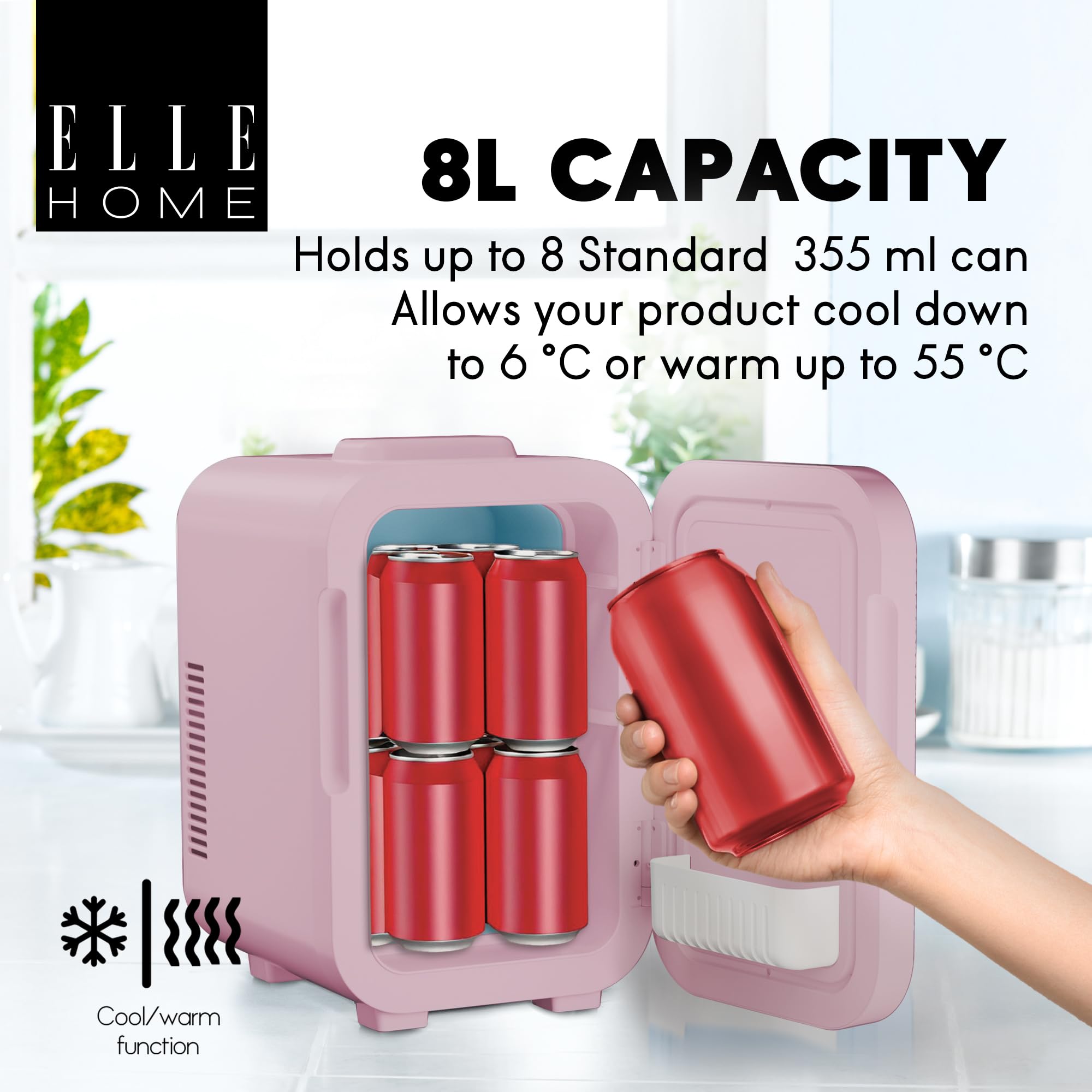 ELLE Mini lodówka na kosmetyki 8 l z lustrem LED, ciepła i zimna lodówka kosmetyczna, do pielęgnacji twarzy, kosmetyków, serum, masek i napojów, wbudowane oświetlenie LED, fioletowa