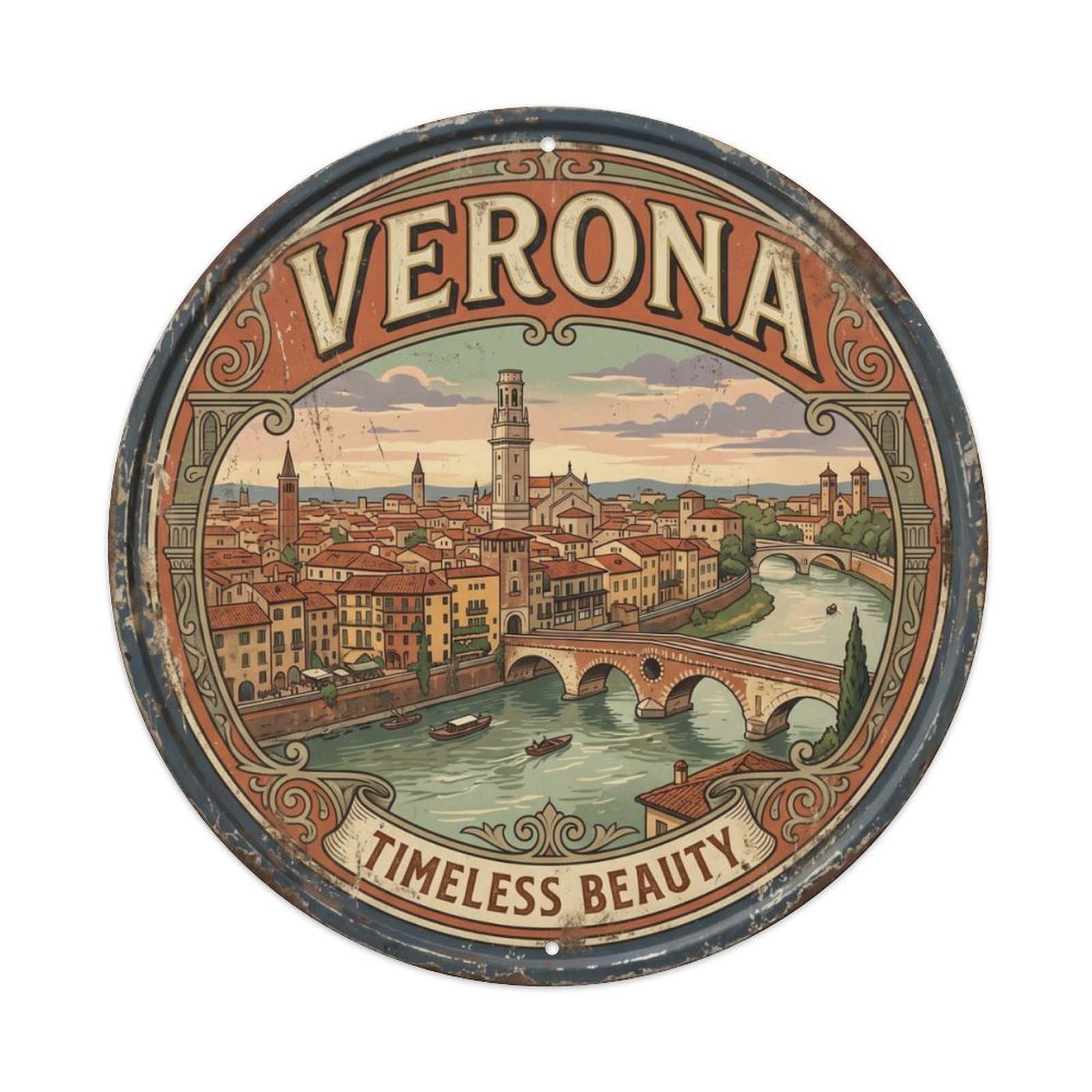 Vintage Travel Verona Oldtown Italy Metal Tin Sign Plaque Wall Decor for Cafe, Club Bar, Office, Home Garden Round Metal Poster 8x8Inch