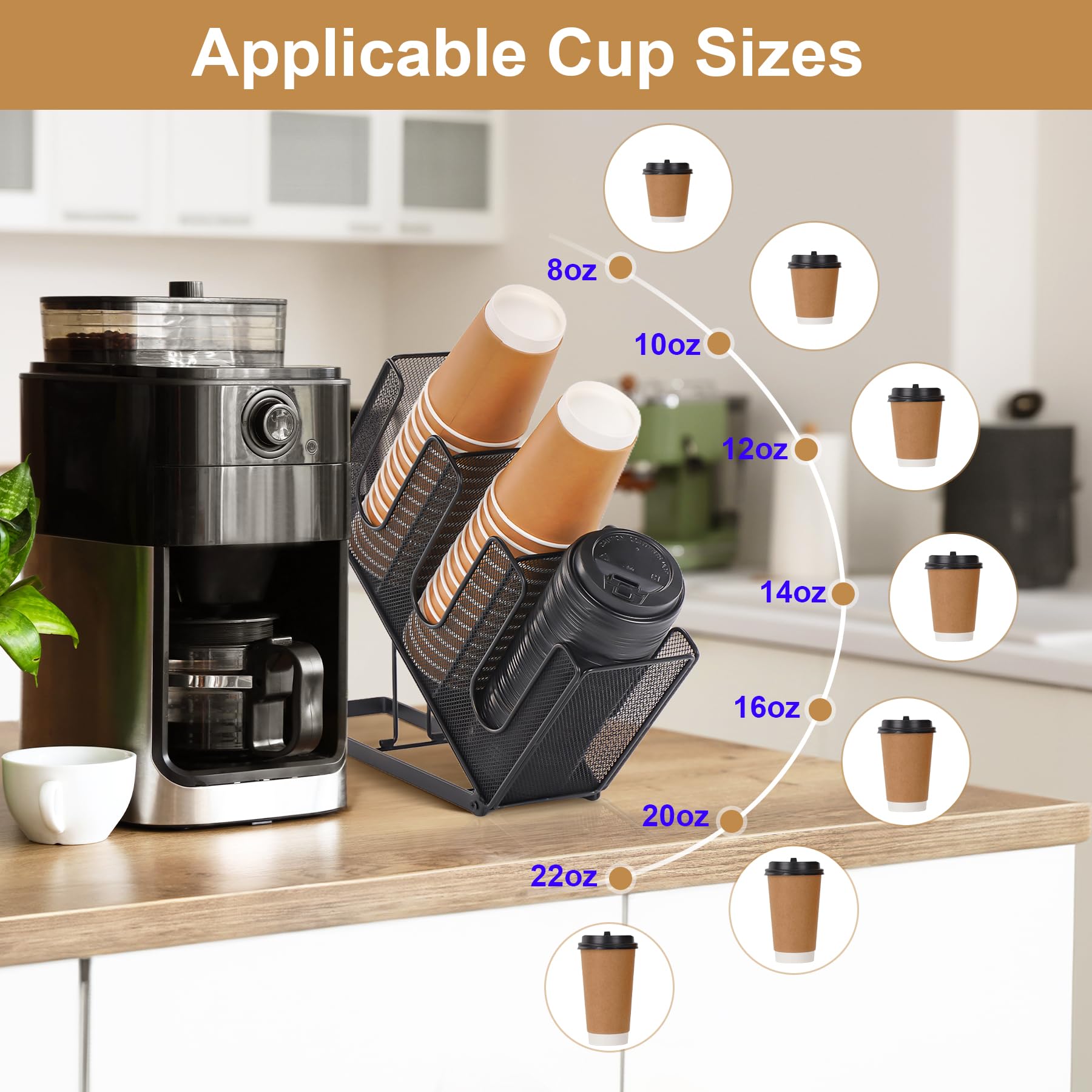 Porta tazze di carta e coperchio, porta tazze da caffè usa e getta con organizer per cannucce, dispenser per tazze da caffè in metallo, per piano di lavoro, caffetteria, bar, ristorante,