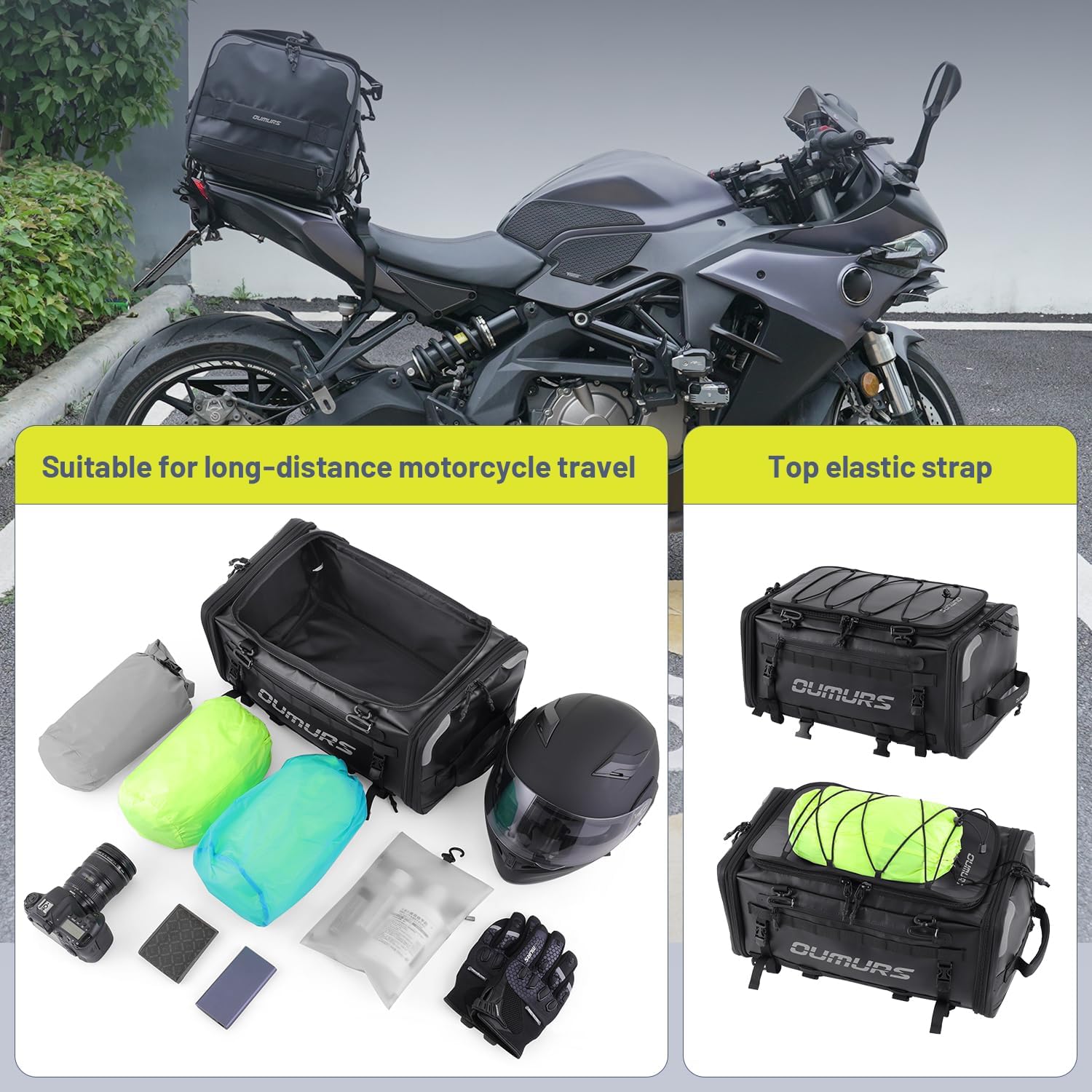 45-60L Expandable Waterproof Motorcycle Tail Bag with Rain Cover & Strap, Reflective All-Weather Trunk Rack Bags, Dual-Use Backpack for Large Capacity Storage, Motorcycle Luggage Rack Bags