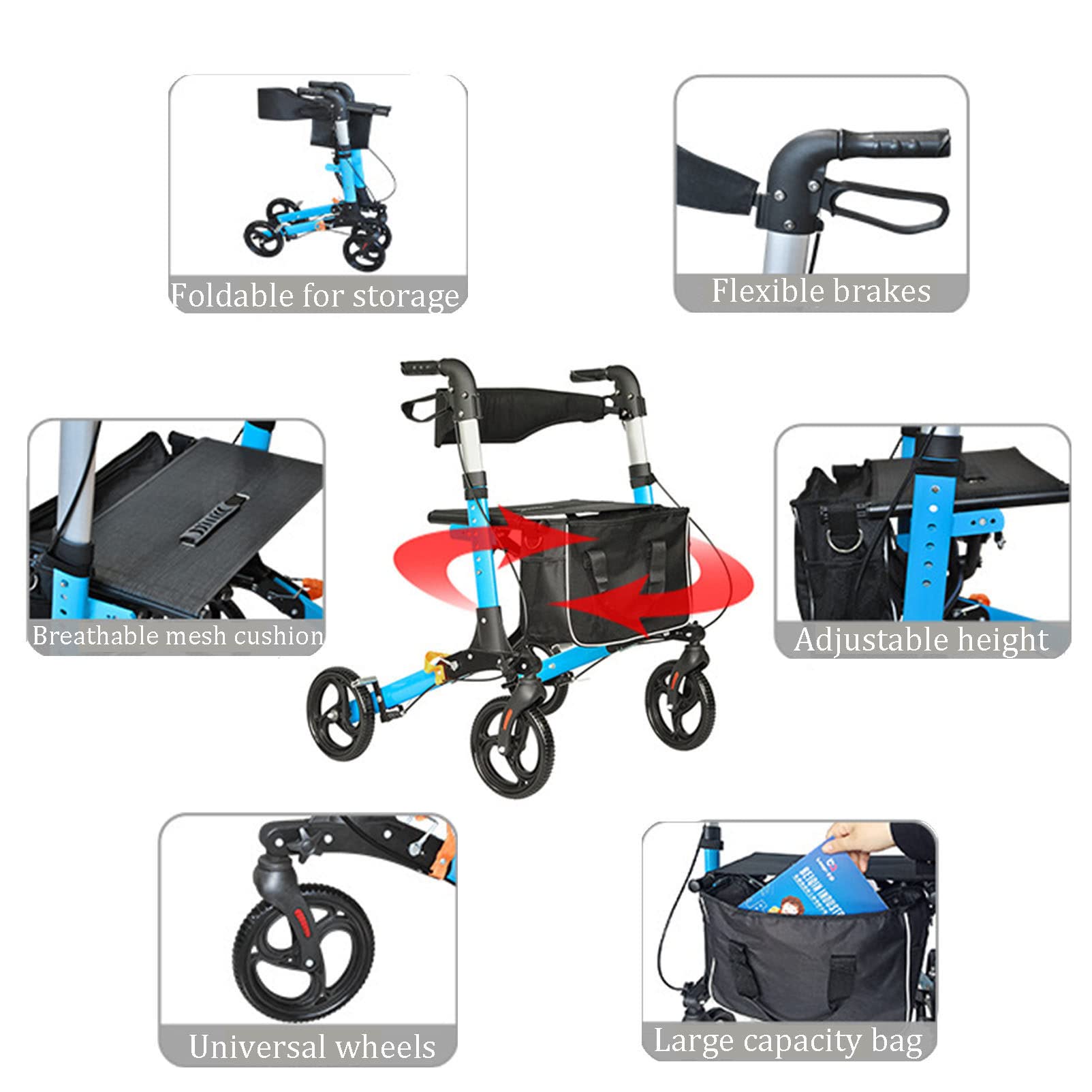 Deambulatore per Anziani Pieghevole, con Seduta e 4 Ruote, Rollator per Adulti o Disabili, Alluminio, Leggero