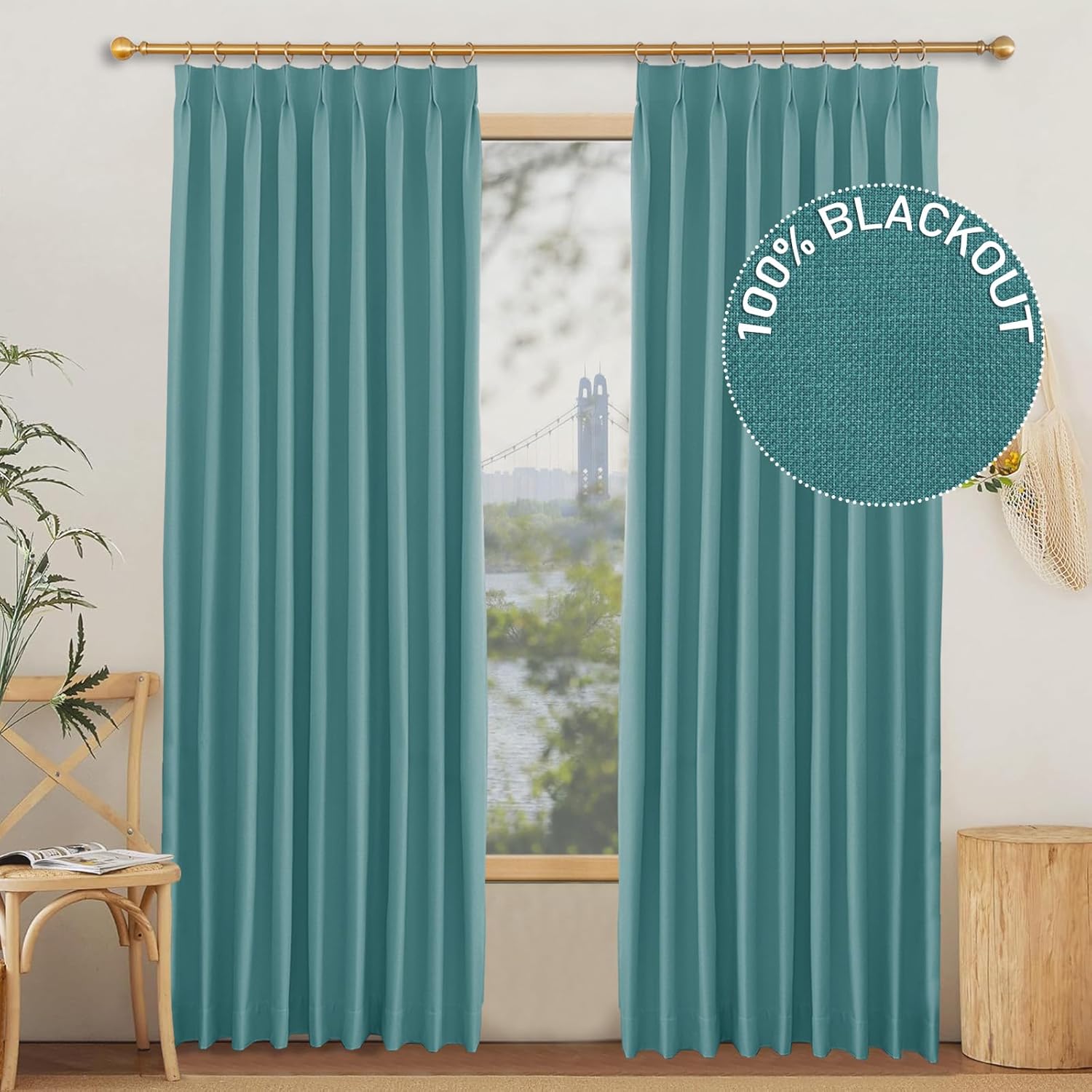 100% Blackout Pinch Pleat Curtain,2 Panels Polyester Extra Wide Insulated Window Panels,Bedroom Living Room Full Light Shading Sliding Door Drape (50Wx84L,Everglade)