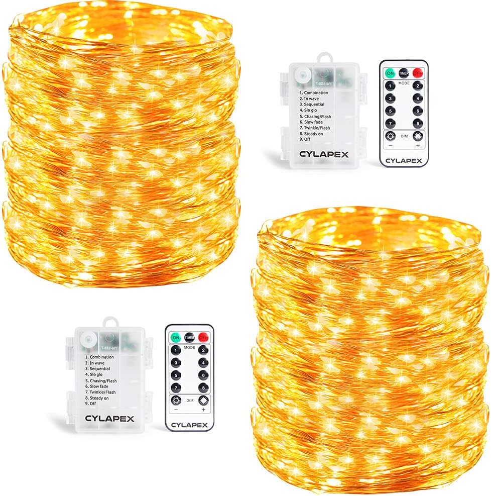 CYLAPEX 2 Set Fairy Lights Battery Operated Christmas Lights, 8 Modes Remote Control Twinkle Lights with Timer 16ft 50LED Fairy String Lights Silver Wire Firefly Lights for Bedroom Garden Warm White