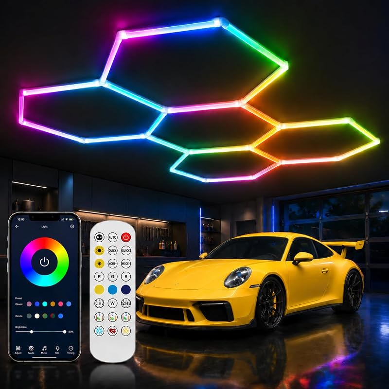 25Pack RGB Hexagon LED Garage Lights, 5 Hexagon Smart Honeycomb Lights with APP & Remote Control, Music Sync, 358 RGB Colors, Dimmable DIY Modular Lighting for Garage, Gaming Room & Car Detailing