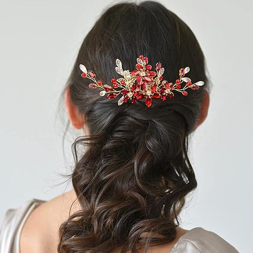 Miniatura 2 de BETITETO Pieza de pelo de novia de cristal rojo con peine de flores de vid dorada, accesorios para el cabello para bodas, mujeres y niñas (dorado,