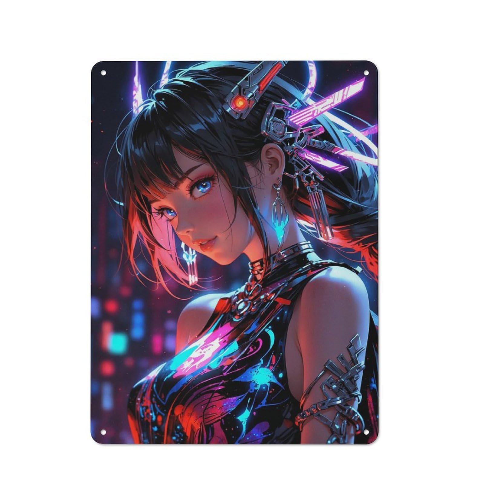 Anime Girl with Neon Accents Retro-style Metal Sign 40x30cm for Guest Room Or Hallway, for Hallway Wall Decor Fans